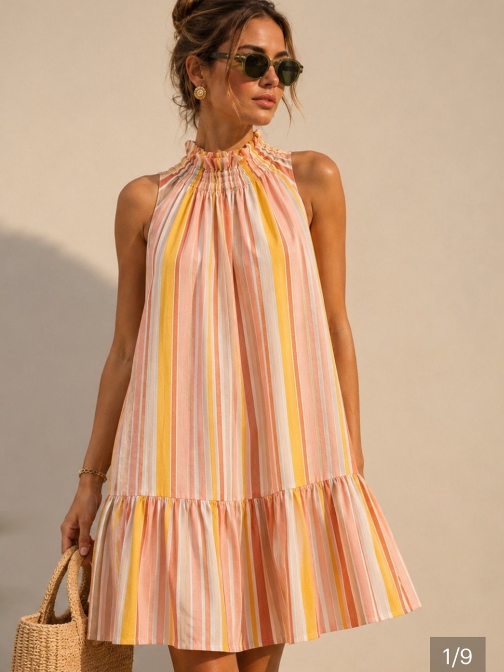 Ephemera 100% Linen Striped Sundress in Yellow, Pink & Cream L